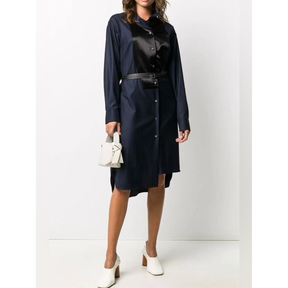 LOEWE Asymmetric Wool Midi Shirt Dress Navy Blue Size 38 / M